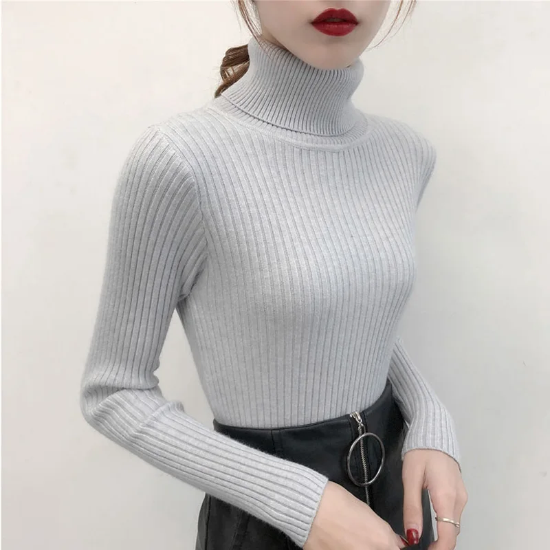 A.M.A. S/XL Тонкий стрейчевый свитер для женщин, белый/черный/серый/хаки/зеленый/синий, длинный рукав, осенняя теплая Женская водолазка - Цвет: Gray