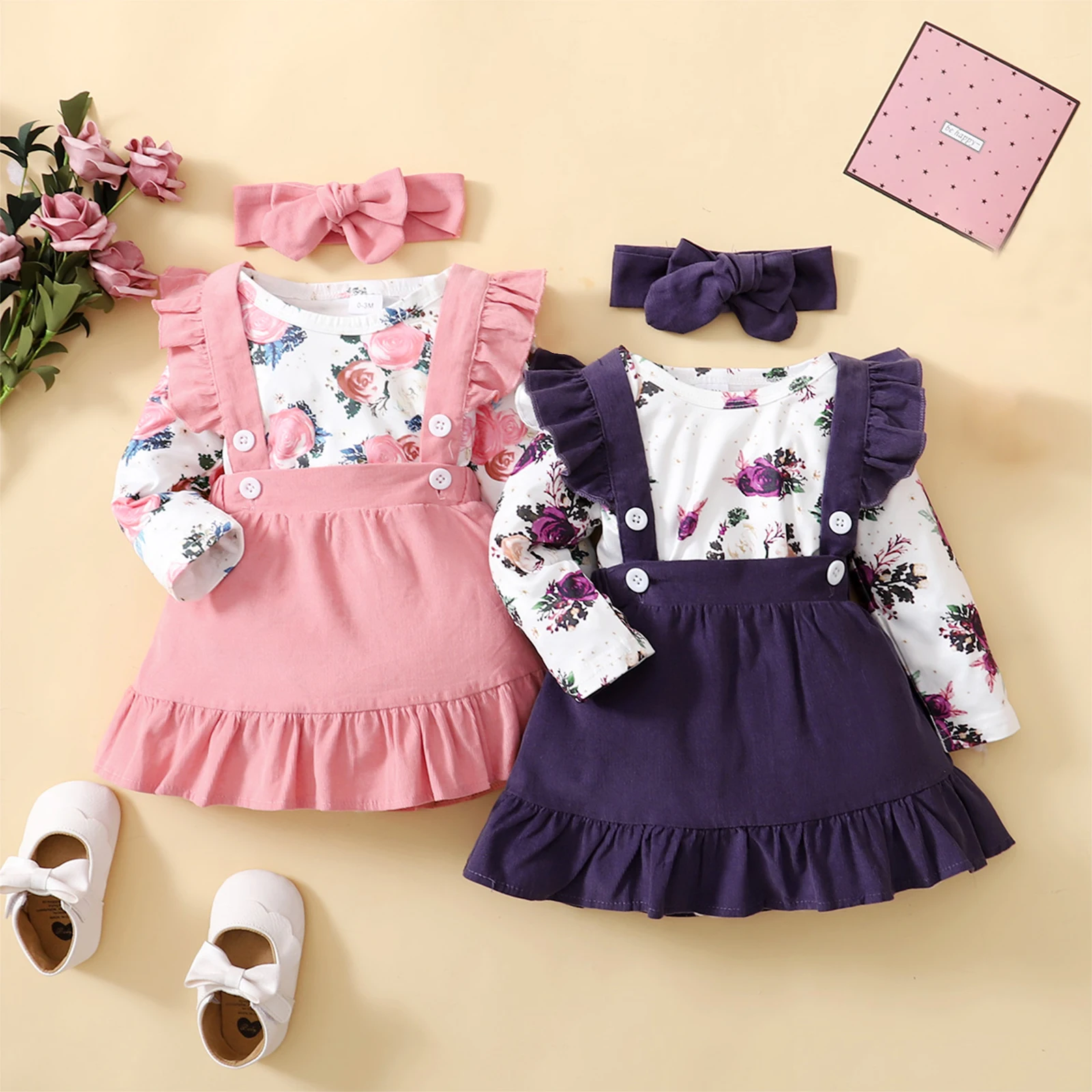 

2021 3Pcs Baby Girls Outfit, Sweet Style Floral Printing Long Sleeve Round Collar Romper + Lace Suspender Skirt + Headwear Set