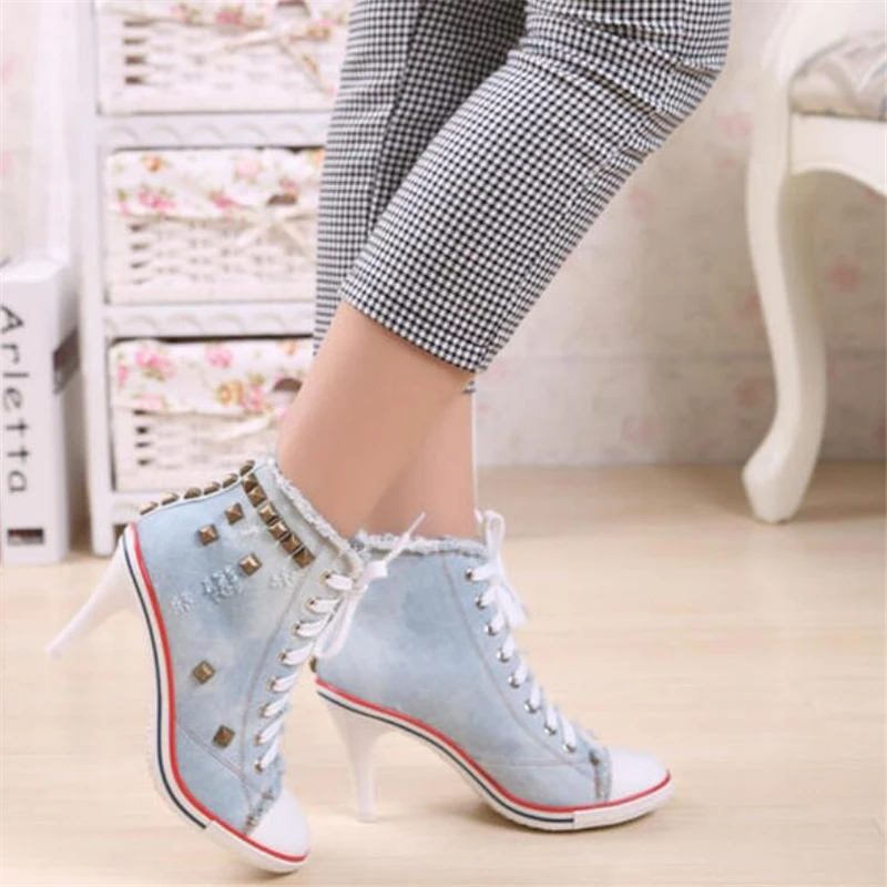 QWEDF 2019 Новая модная женская джинсовая парусиновая обувь на высоком каблуке Обувь