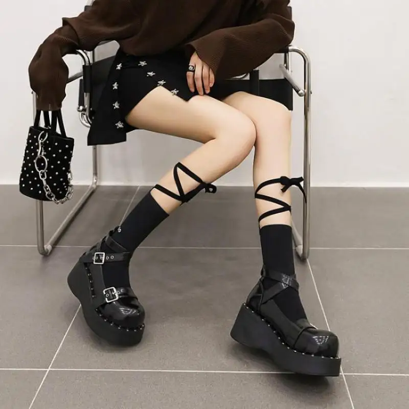 Lolita Shoes Women Summer 2021 New Thick Soled Japanese Jk Uniform Shoes Fashion Single Shoes Flat Platform Black Wedges Shoe