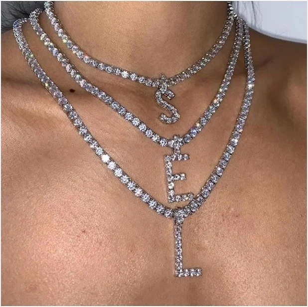 

2021 New Fashion 26 Letter Initials Necklace For Women Silver Color Crystal Tennis Chain Exquisite Luxury Nightclub Jewelry Gift