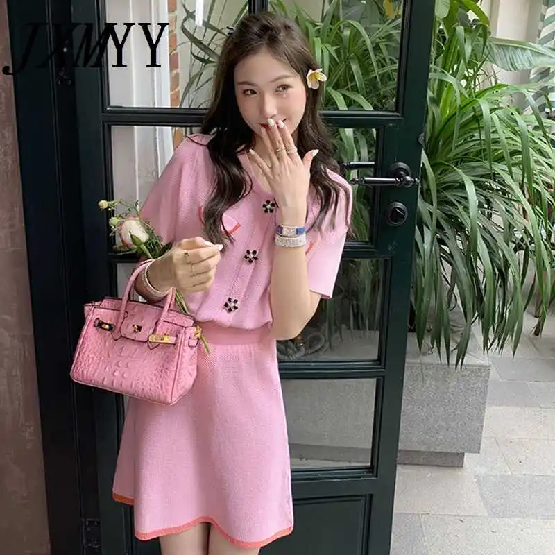 

ICCLEK Fashion New French Gentle Princess Pink Knitted Two-Piece Female 2021 Summer Dress Custom Flower Buckle Ice Silk Sui