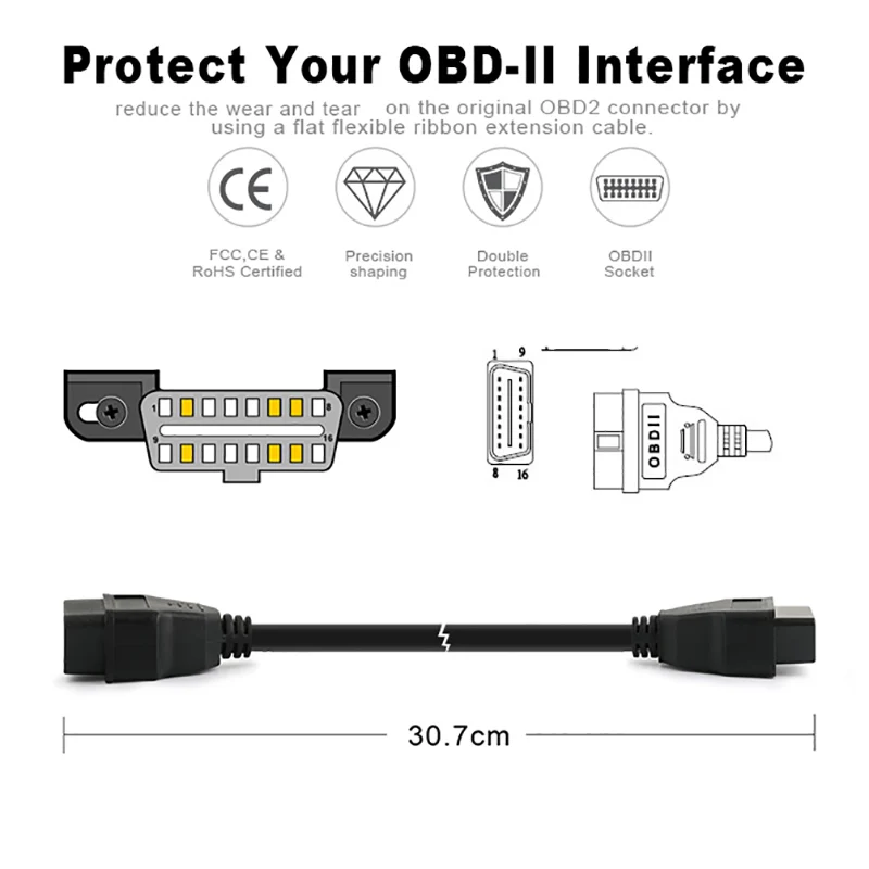 ELM327 OBD2 16Pin мужского и женского пола удлинитель кабель 30 см передачи разъем OBD 16