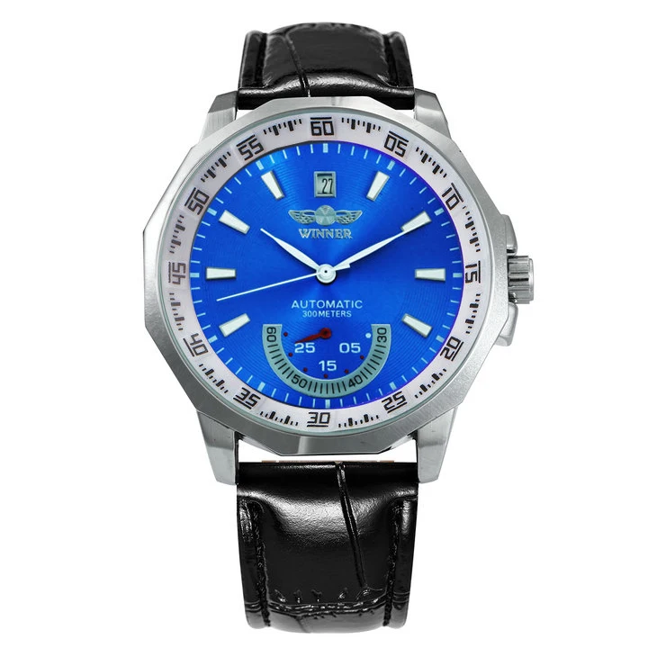 BLUE WHITE WINNER официальные военные спортивные часы Мужские автоматические механические суб-циферблаты Календарь кожаный ремешок мужские s часы лучший бренд класса люкс - Цвет: BLUE WHITE