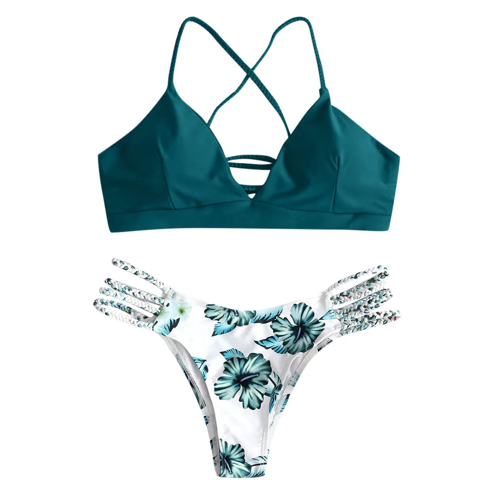 

2021 Bandage Bikini Women Sexy Vintage Swimsuit Brazilian Thong Bikini Set Female Retro Swimwear Ribbed Push Up Bathing Suit