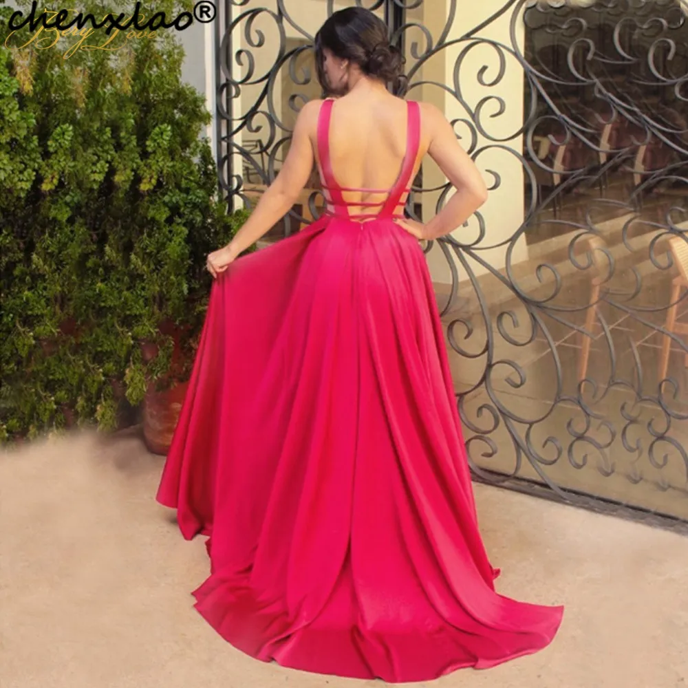 

Sexy V neck Backless Evening Dress Arabic Red A line Sleeveless Floor Length Formal Party Evening Dresses New Design