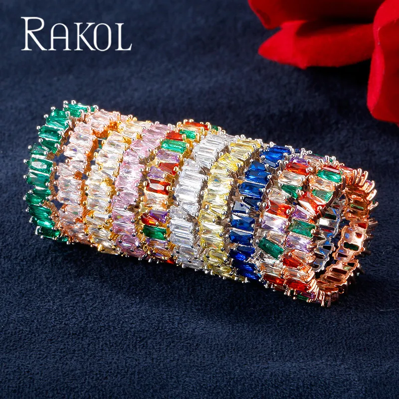 RAKOL, новинка, модное, роскошное, очаровательное, AAA, багет, кубический цирконий, обручальное кольцо для женщин, многоцветная, Т-образная форма, Cz камень, вечерние ювелирные изделия