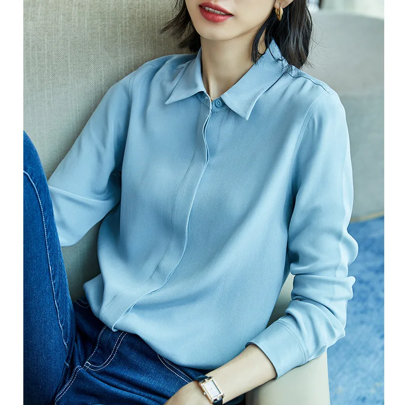 

New style 30mm heavy crepe silk top women's solid high quality 100% silk shirt blouse