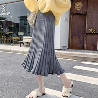 qiukichonson knitted autumn winter long skirt women korean fashion casual high waist pleated skirts midi lenth black skirt