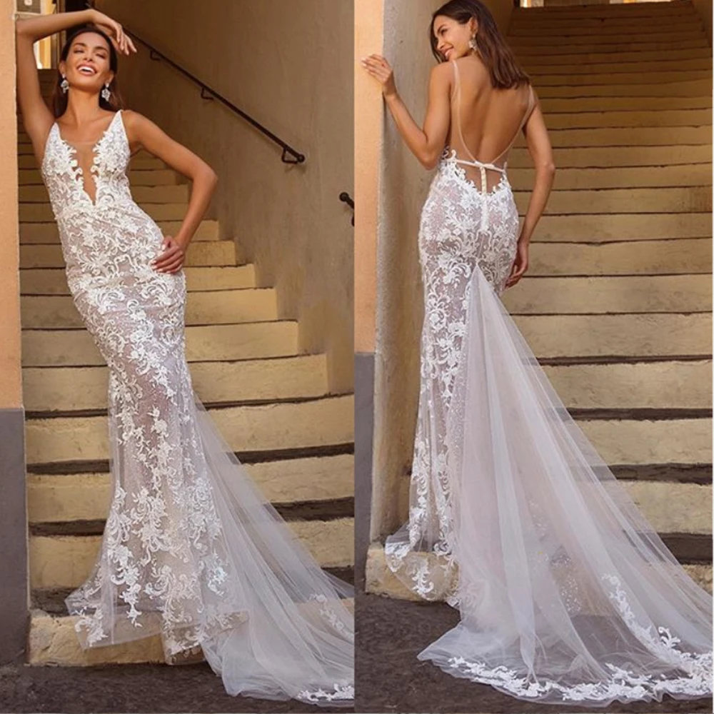 

Plunge V-Neck Illusion Wedding Dresses White Dresses Lace Appliques Bohemian Bridal Gowns Open Back Vestidos De Novia 2020