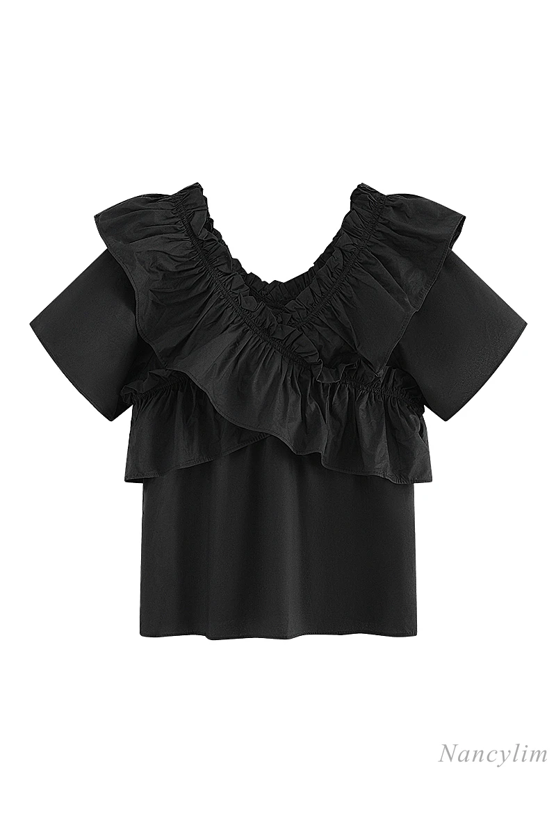 

2021 Summer Women's Short Sleeve Black Blouse V-neck Ruffled Girls Ladies Shirts Blusas Blusas Mujer De Moda Nancylim