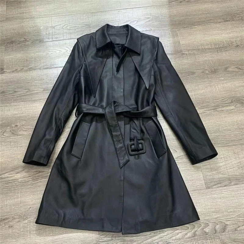 Women Real Leather Black Khaki Long Trench New Turn Down Collar Long Sleeve Loose Fit Windbreaker Fashion Tide Spring