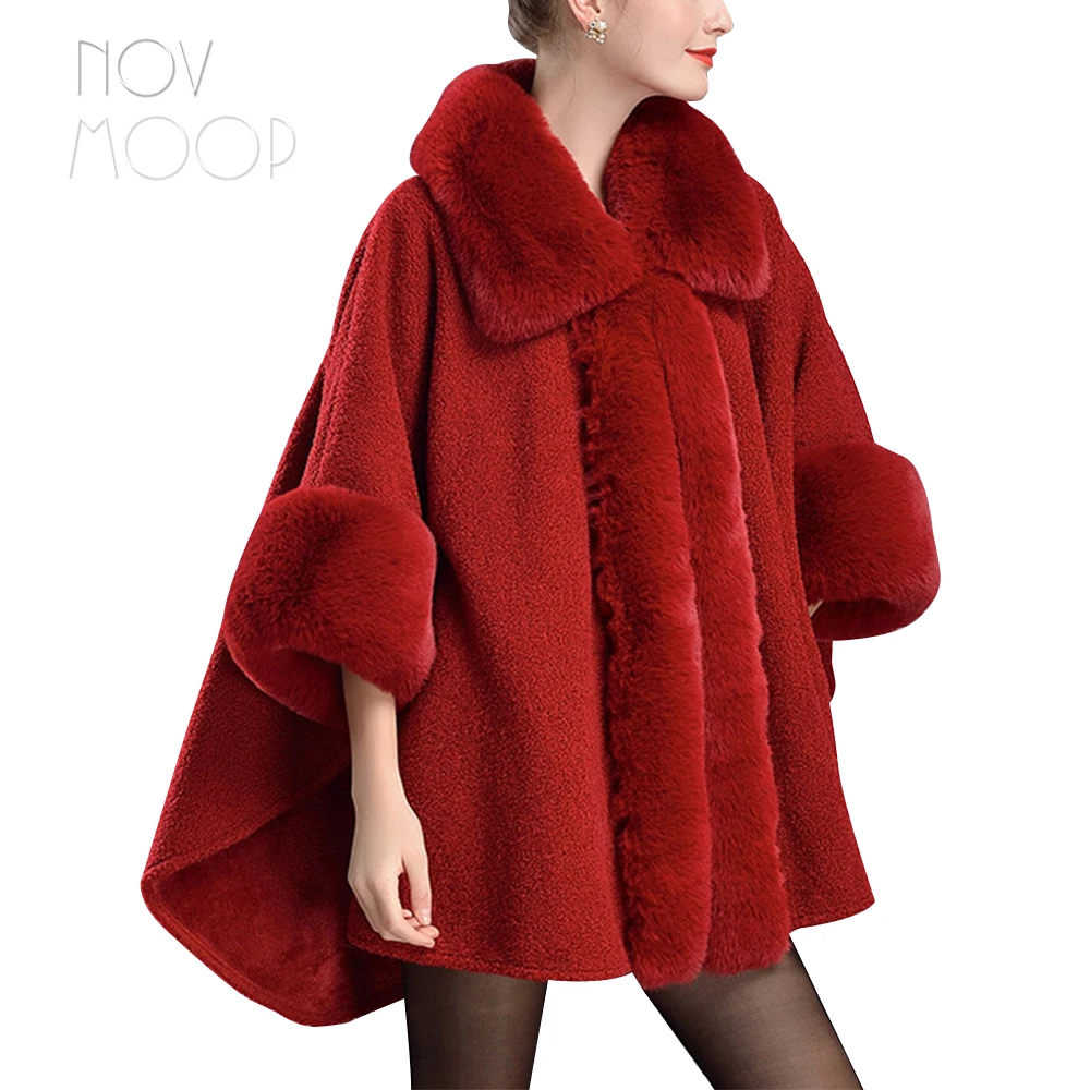 

novmoop sweet lady fluffy imitate rabbit hair collar and sleeve women cloak ponchos Cape de fille douce LT3212