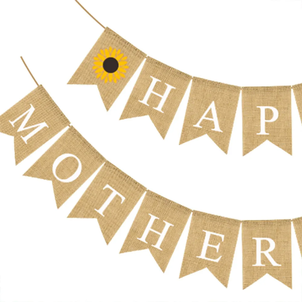 

Happy Mother's Day Printing Burlap Banner Party Supply Classy Bunting Linen Garland Sunflower Flag Home Layout Decoration