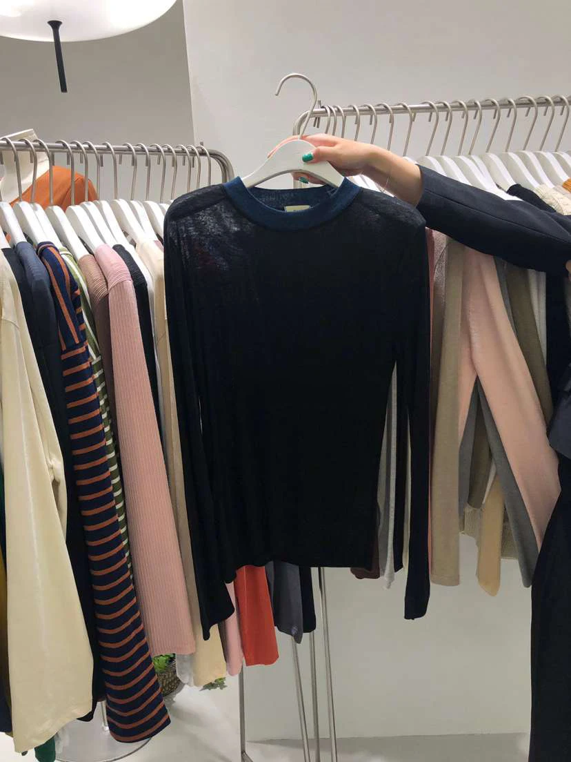 

2021 Spring Fall Korean New Women Color-Block Crew Neck Top Elegant Slimming Bottoming Shirt Fashion Simple Solid Inner Tee