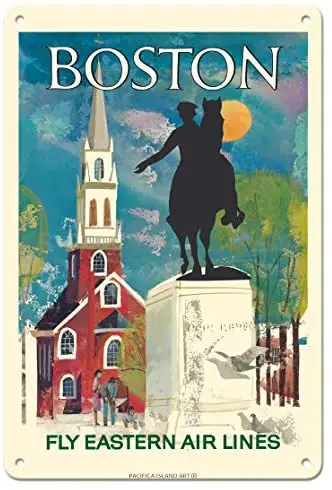 

Бостон, Массачусетс-летающие восточные воздушные линии-Пол ревере статуя и старая Северная церковь-авиакомпания c.1960s металлический жестян...