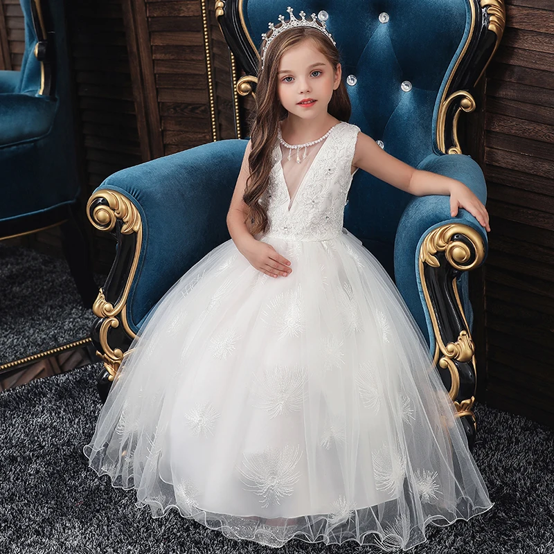 

Kids Girls Princess White Dress Evening Tutu Dresses Summer Baby Girl Clothes Long Dress Birthday Party Vestido Wear 3-12 Years