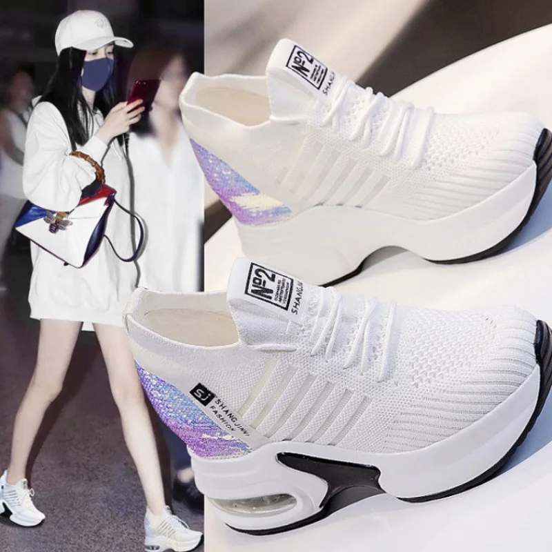 

Women Fashion Running Shoes 7cm Wedge Platform Ladies Height Increasing Breathable shoes woman sneakers luxury brand female