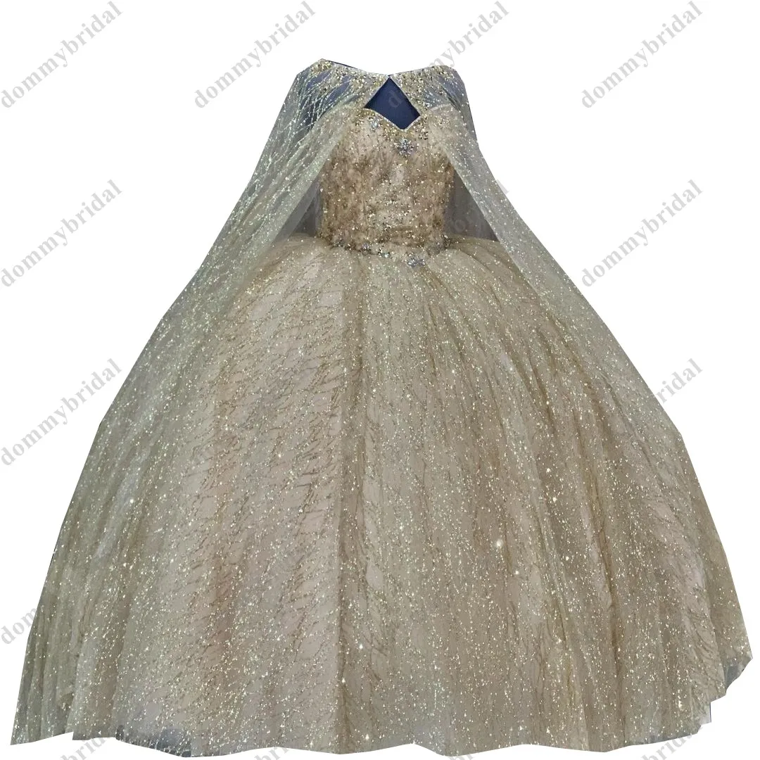

Sparkly Gold sequin Tulle Quinceanera Dresses with Cape Robe Sweetheart Big Wrap Queen Designer Prom Formal Evening Party Dress