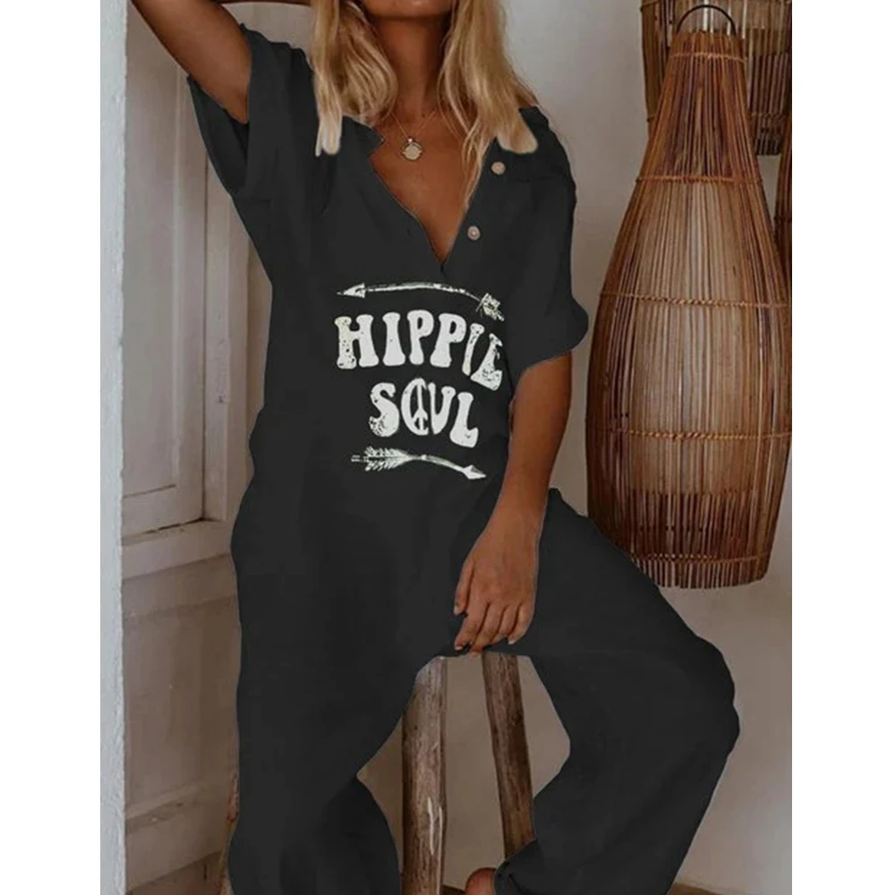

Linen Women Jumpsuit Loose Letter Print Loose Summer Casual Fashion Short Sleeve V-neck Womens Jumpsuit Lugentolo