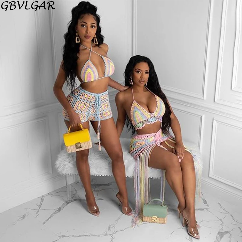 

Женский вязаный комплект GBVLGAR, комплект из двух предметов с юбкой и кисточками, Пляжное платье, летний комплект из двух предметов, 2020
