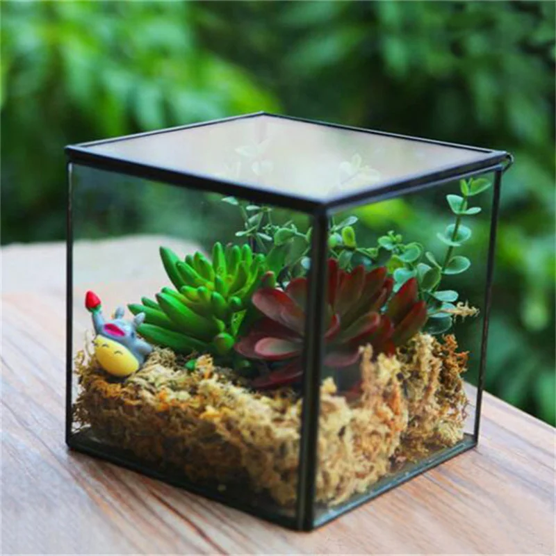 Transparent Glass The Cube Shape with Lid Terrarium Vase,Creative Tabletop Flower Vase For Home&Wedding Decoration