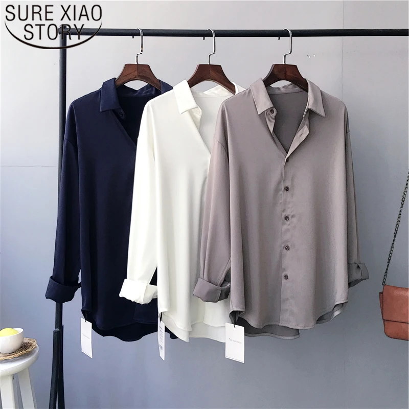 

Винтажные свободные белые женские рубашки с длинным рукавом, весна 2020, Корейская версия, OL стиль, воротник поло, однотонный кардиган, женски...