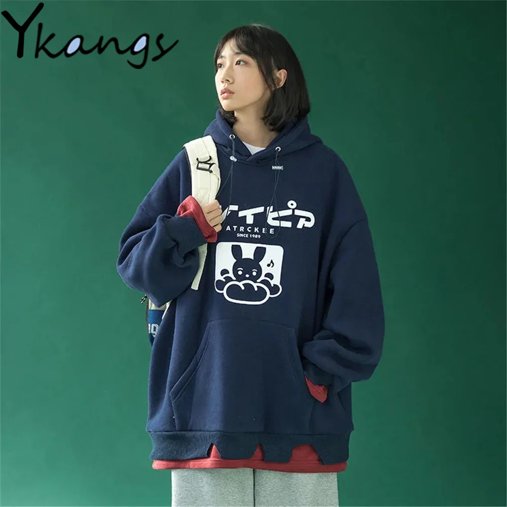 

Fake Two Vintage Printing Hoodie Korean Style Loose All-Match Blue Hooded Women Sweatshirt Spring Autumn Casual Student Clothing