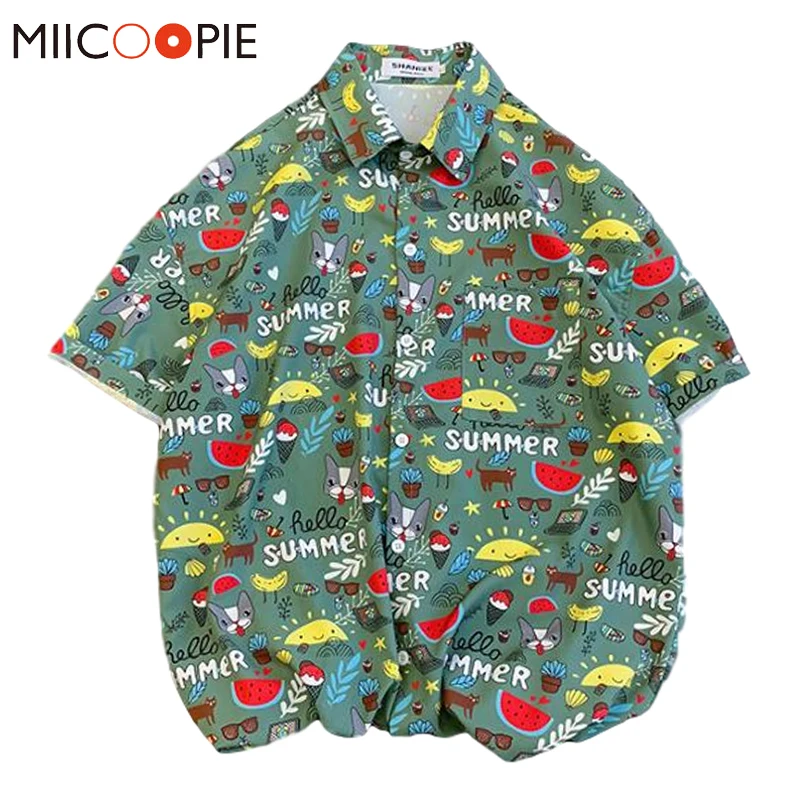 

Funny Cartoon Pattern Short Sleeved Shirt Men Tops Summer Harajuku Design Lapel Floral Shirts High Quality Beach Holiday Camisas