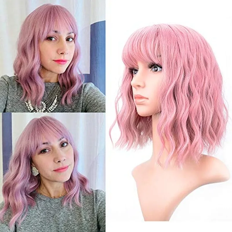 

Pastel Wavy Wig With Air Bangs Short Bob Pink Wig Curly Wavy Shoulder Length Pastel Synthetic Cosplay Wig for Girl Colorful Wigs