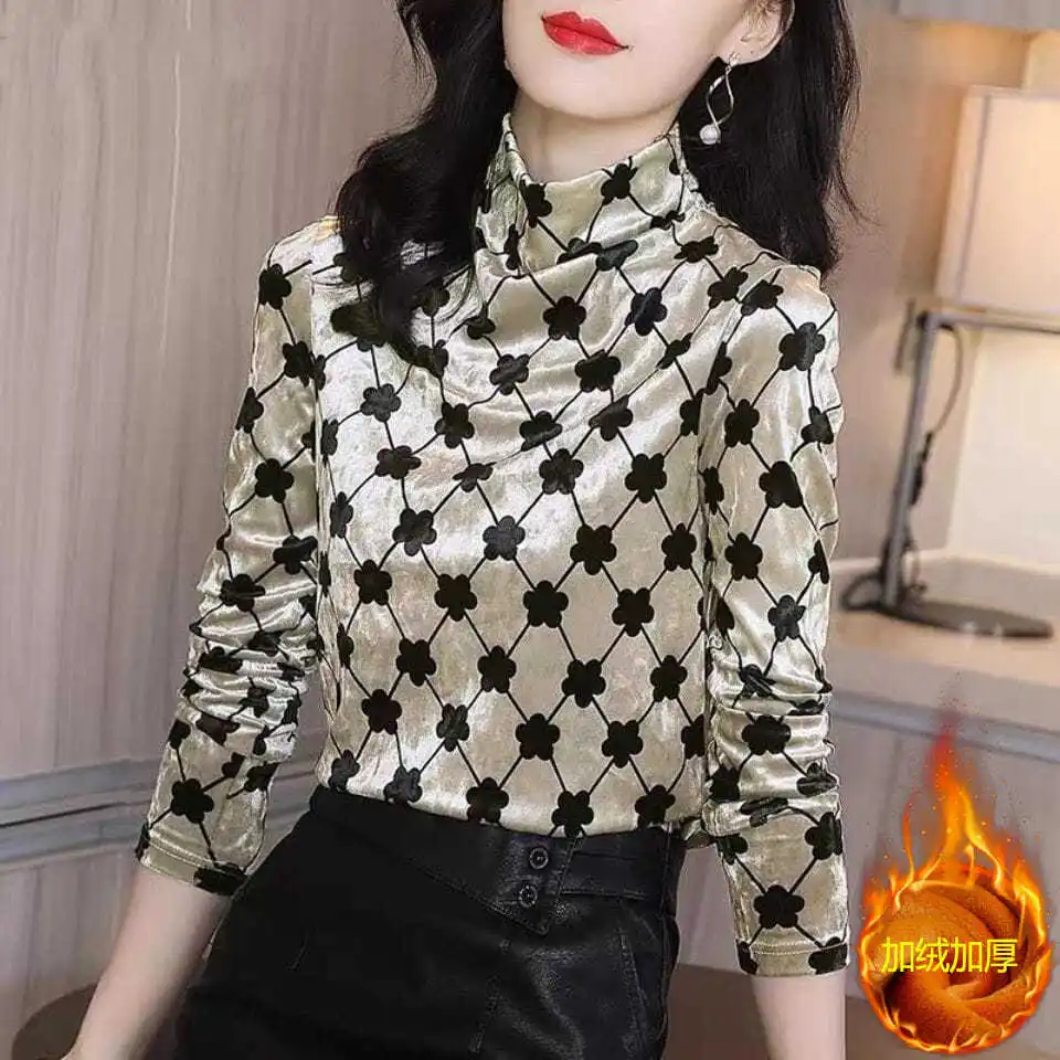 

Thin / Plush Top Women's New Fashion Half High Neck Thickened Long Sleeve T-shirt Women's Thin Bottomed Shirt
