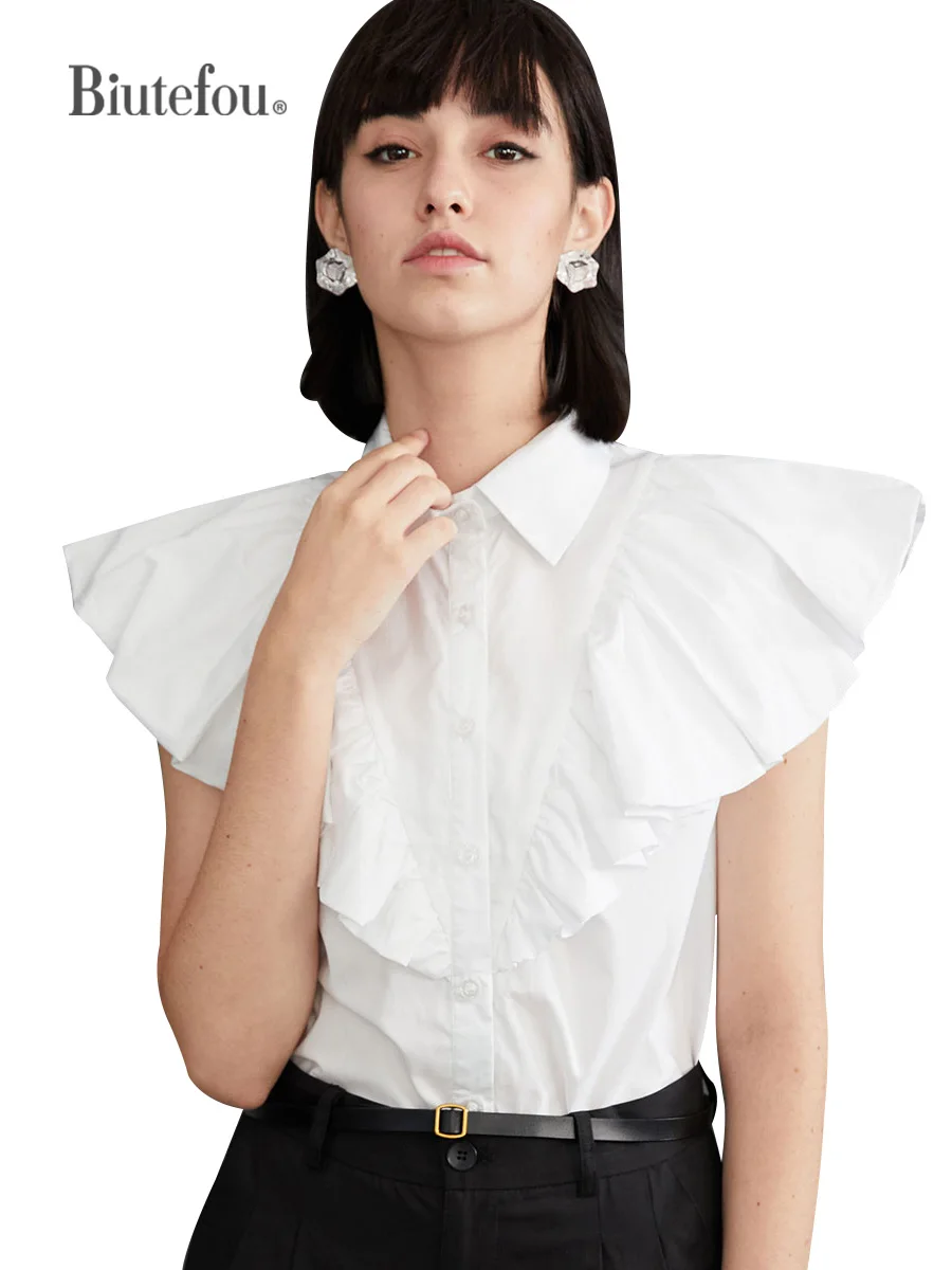 【Biutefou】Original Design 2022 Summer Women Flying Sleeve Ruffle Solid Color Shirt
