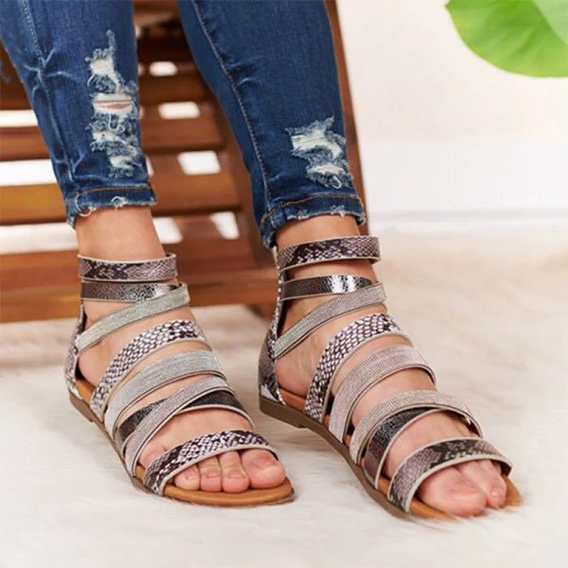 Women Leopard Flat Sandals Woman Zip Shoes Female Fashion Sexy Cross Band Snake Pattern Flats Ladies 2020 Footwear Plus Size 43 | Обувь