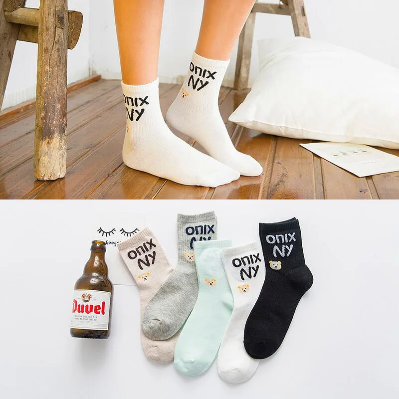 

5 Pairs Hot Sale Spring Autumn Harajuku Lovely Cartoon College Style Sock Women Happy Kawaii Bear Letter Girls Casual Socks