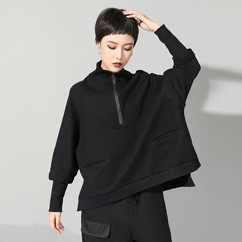 Женская одежда размера плюс, черная футболка с рукавом летучая мышь, с воротником-стойкой и карманами, повседневные топы, Осень-зима, модная уличная одежда