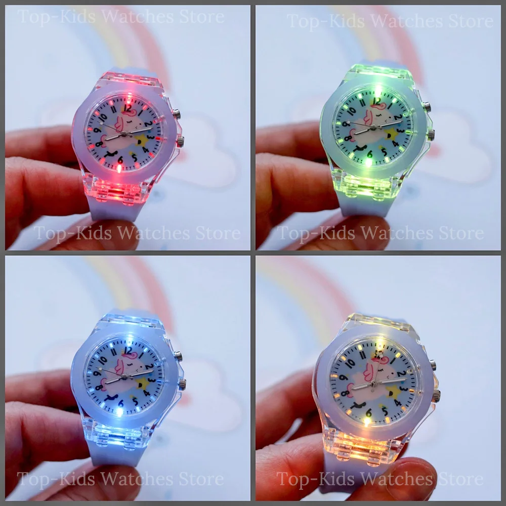 Cute Cartoon Flash Light Kids Watches for Girls Boys Silicone Strap Unicorn Animal Children Watches with Light reloj infantil