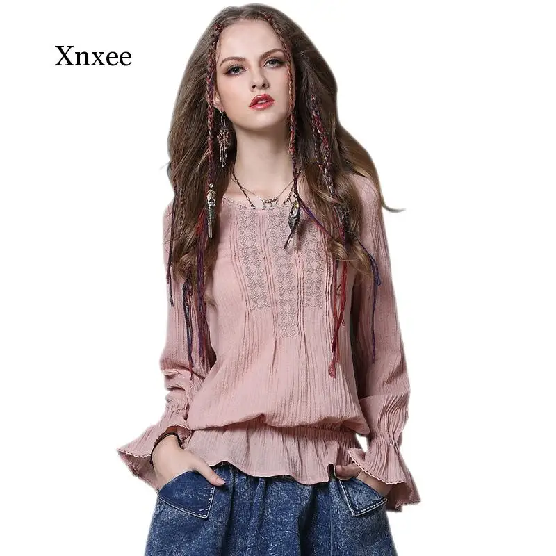 

Bohemia Spring Lace Hollow t Shirt New Vintage Cotton Blouse O-Neck Embroidery Lantern Sleeve Loose Women Beach Clothing