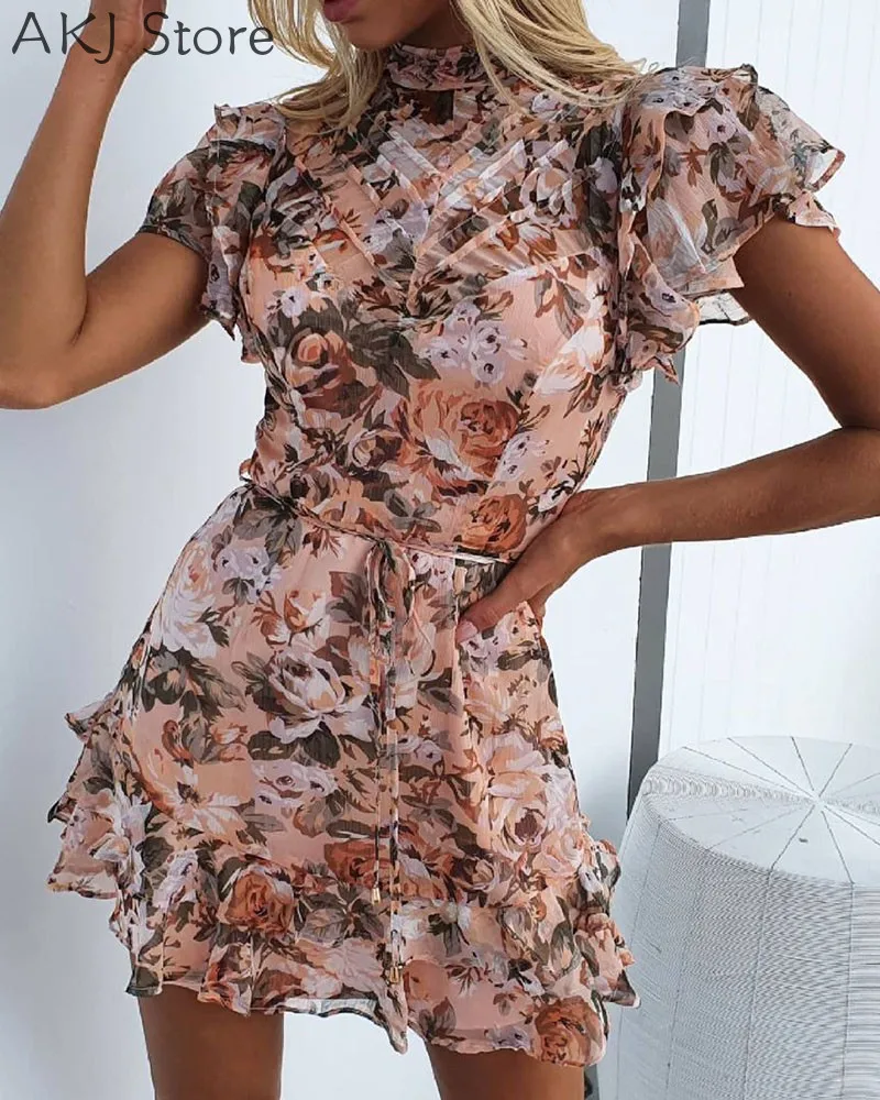 

Women Summer Dress Floral Print Ruffle Hem Tied Detail Mock Neck Dress