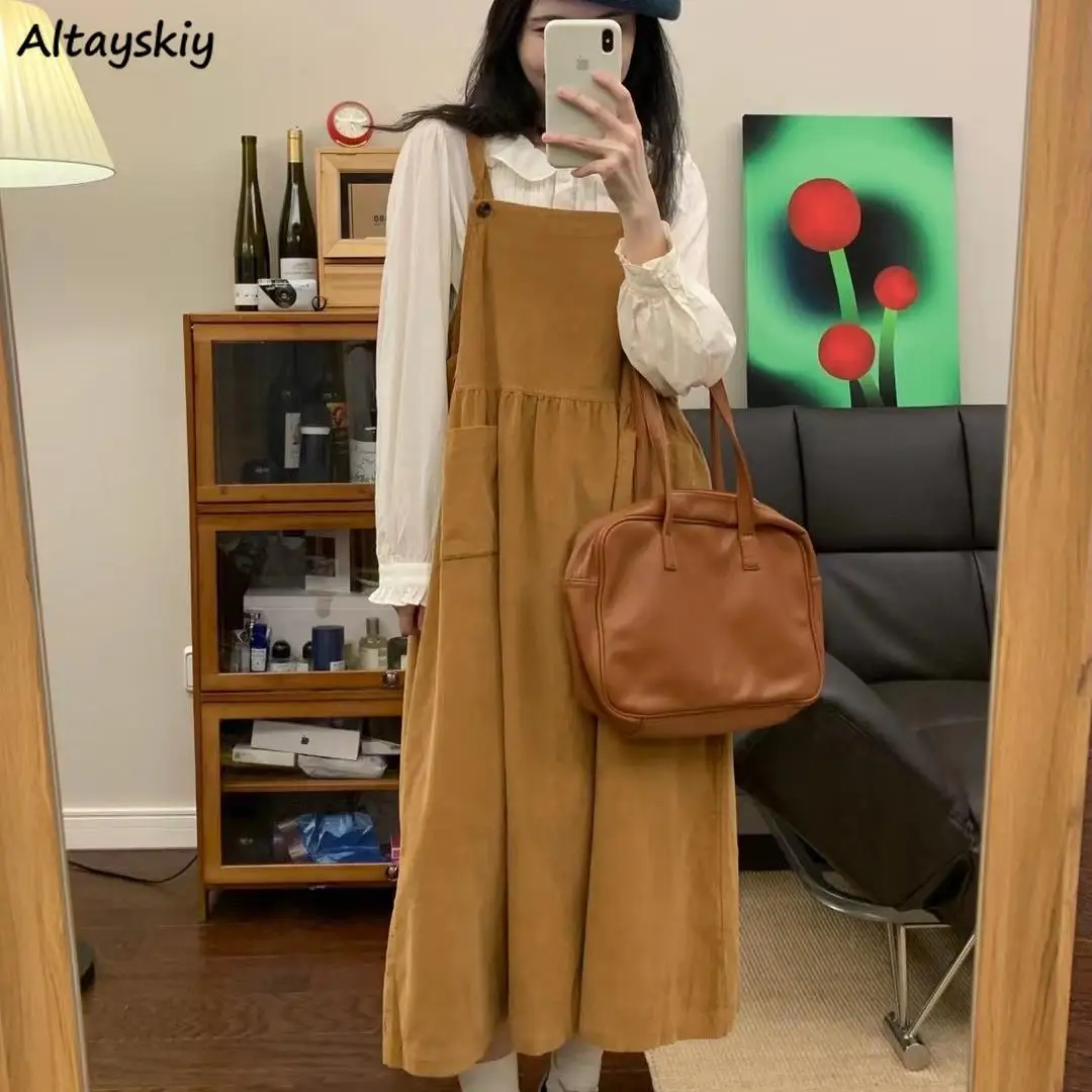 

Women Cute Suspenders Dress Vintage Students Corduroy Loose Mid Calf Sleeveless Dresses Casual Square Collar College Mori-girl