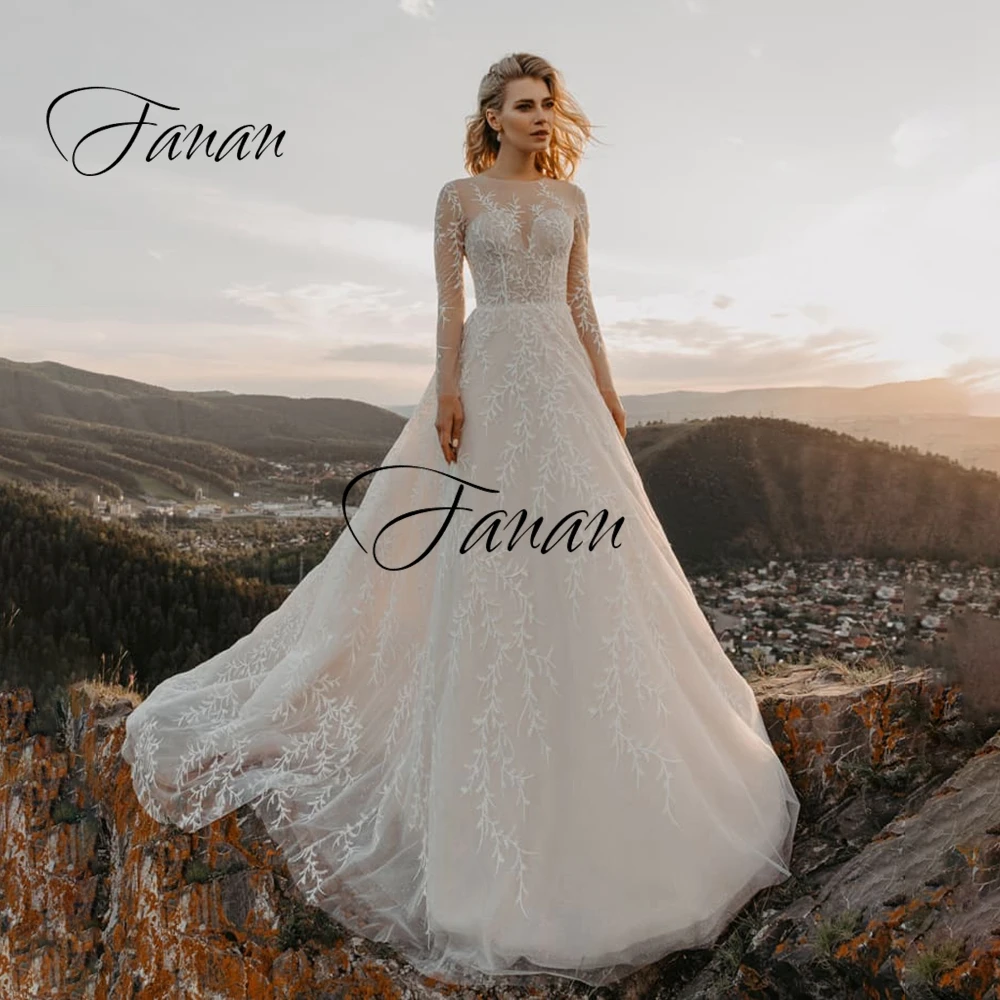 

O-Neck Long Sleeve A-Line Lace Appliques Wedding Dresses Court Train Tulle Bridal Gown Свадебное платье vestido de noiva