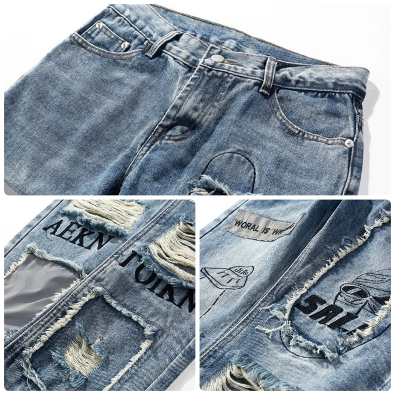 Мужские светильник сы с вырезами на коленях С Вышивкой Букв|Мужские джинсы| |