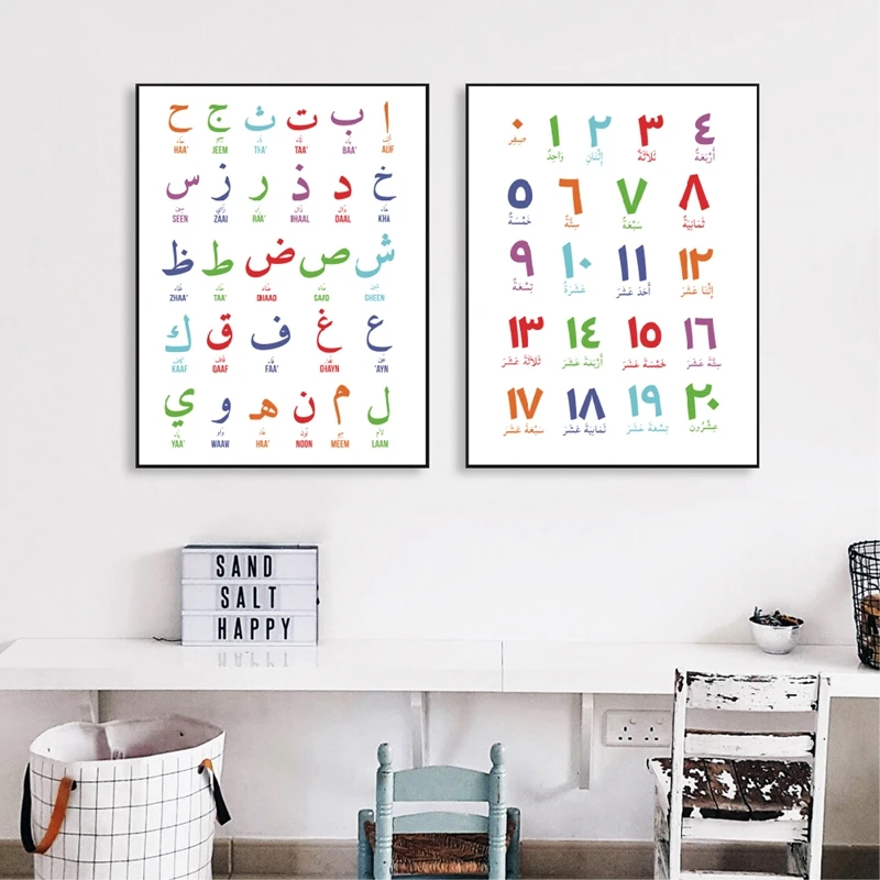 

Arabic Islamic Wall Art Canvas Painting Arabic Letters Alphabets Numerals Poster Prints Nursery Kids Room Wall Art Decor