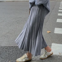 long knit skirt womens 2021 autumn winter thick high waist pleated skirts casual ladies wide swing midi skirt jupe plissee femme