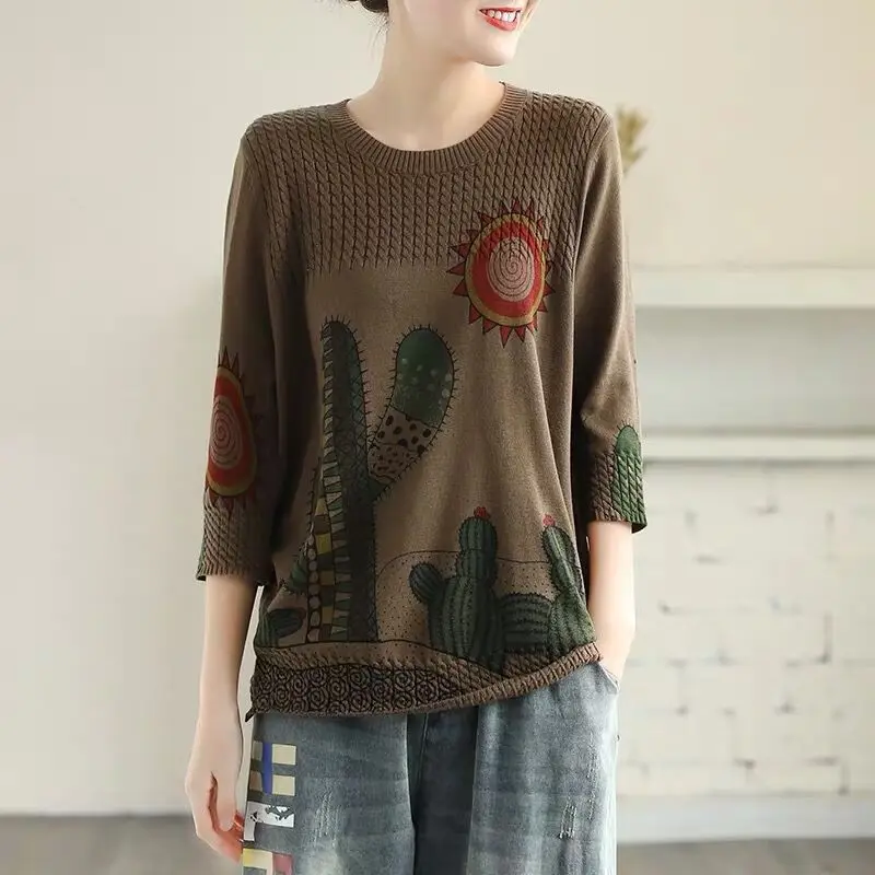 

Women's Casual Print Knitted Jumper Pullover Autumn Winter New Retro Literary Bottoming 3/4 Sleeve Tee Shirt Sweater Women Tops