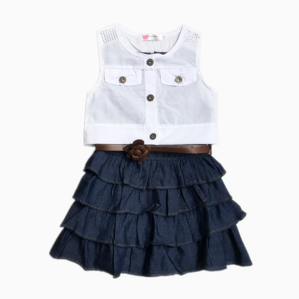 Girls Suit Summer Sleeveless Denim Dress + Solid Color Vest Flower Belt Three-piece Boutique Kids Clothing | Мать и ребенок