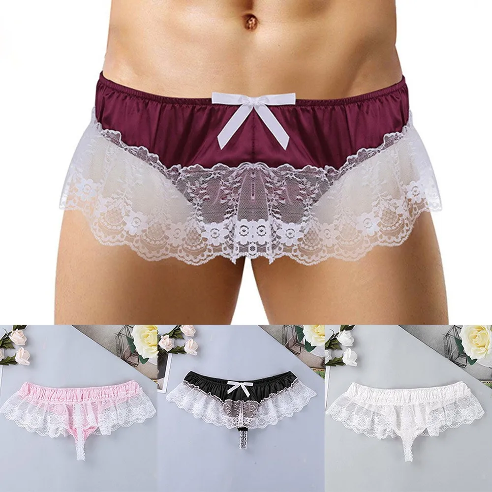 

New Men's Erotic Lingerie Male Sissy Lace See-through Panties Sexy Satin G-String Thong Briefs Underwear Cuecas Masculinas