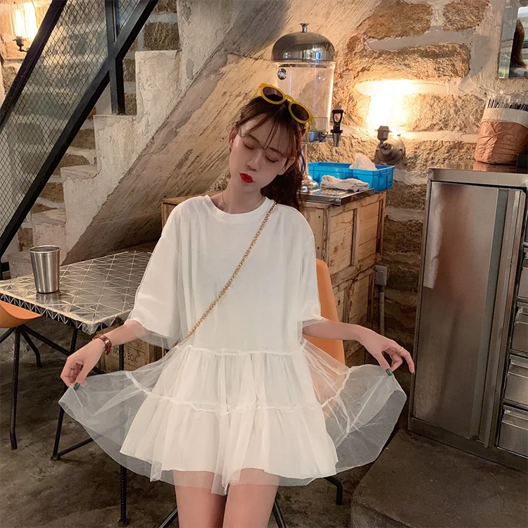 Плиссированное Платье-футболка повседневное корейское лоскутное Сетчатое