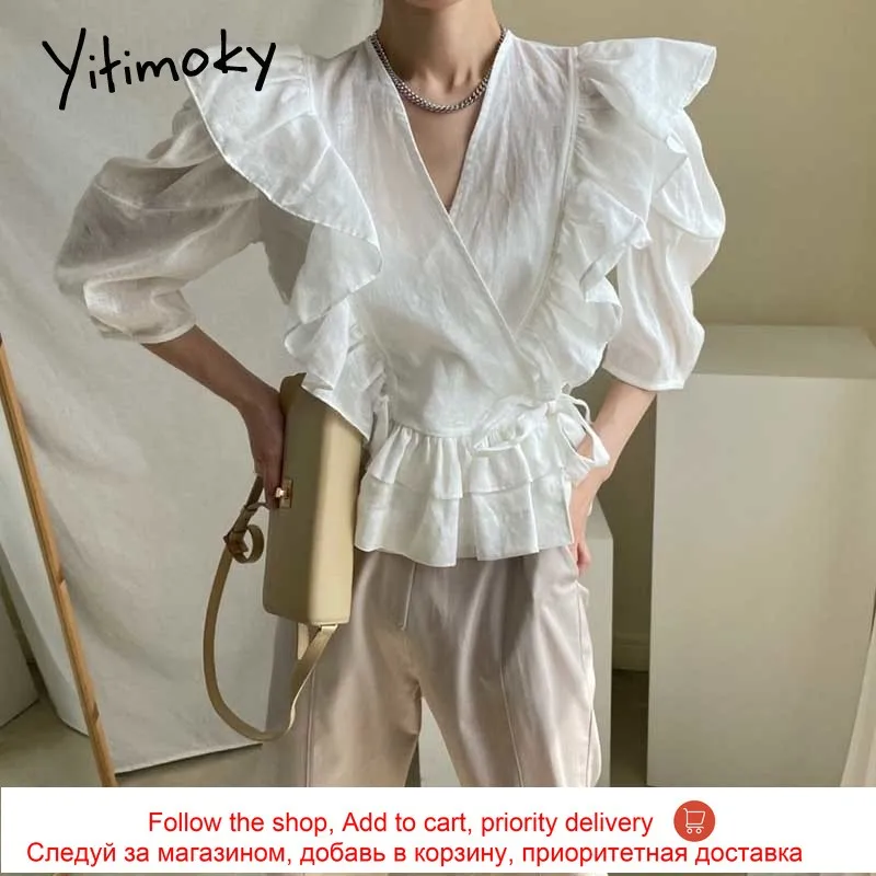 

Yitimoky Vintage Women Tops V-Neck Spliced Ruffle 2021 Summer Fashion Korean New Puff Sleeve Bandge Slim Solid Casual Shirts