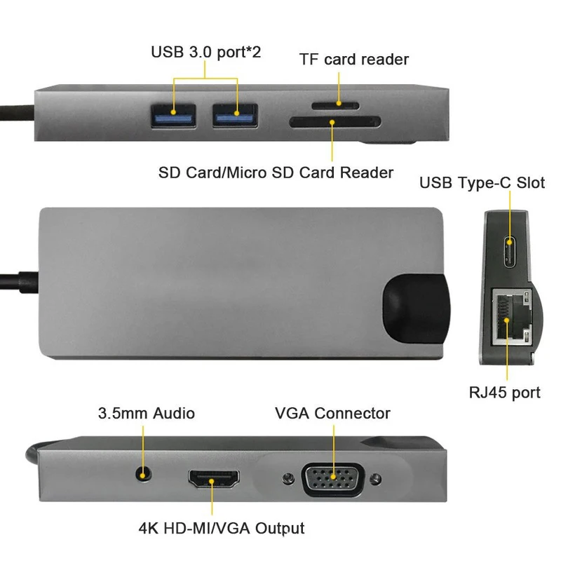 Адаптер VGA с разъемом типа C к HDMI RJ45 Lan Ethernet SD TF Type Hub USB 3 0 5 мм Jack аудио видео