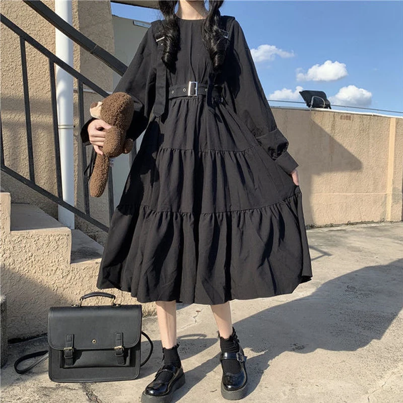 

abito stile gotico donna Harajuku Gothic Lolita Kawaii Dress Punk carino manica lunga abito longuette nero 2021 Emo Mall Goth